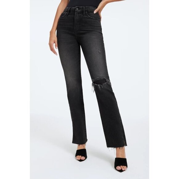 Good American Good Boy Straight Leg Jeans Black Distressed Knee Size 2 - Picture 2 of 16